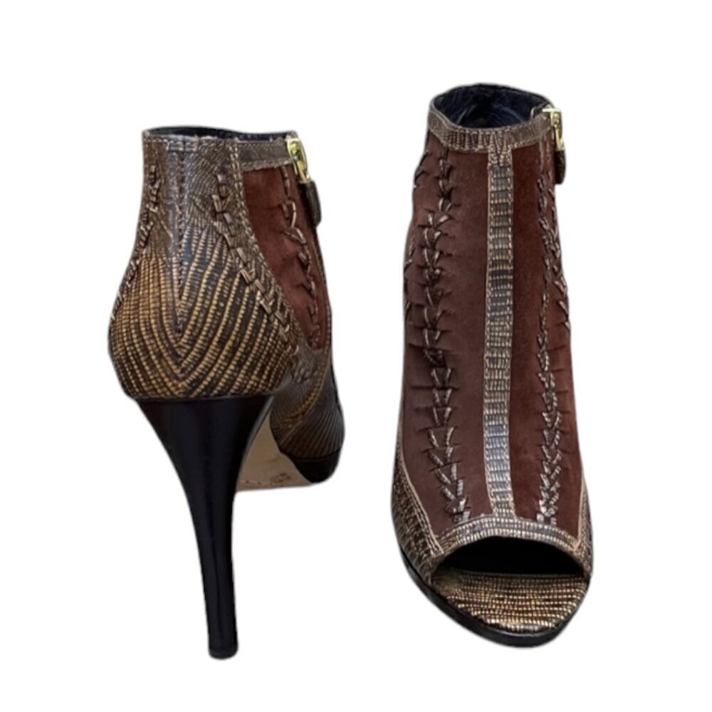 Vince Camuto Brown VC-Night Woven Leather Peep Toe Side Zipper 4.5" Shoes 8.5B - Picture 4 of 16
